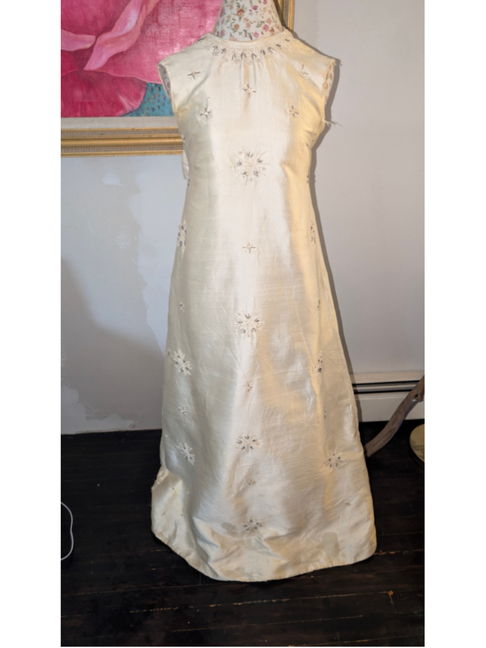 Vintage 1960's Beaded Cream silk Evening Gown flaws